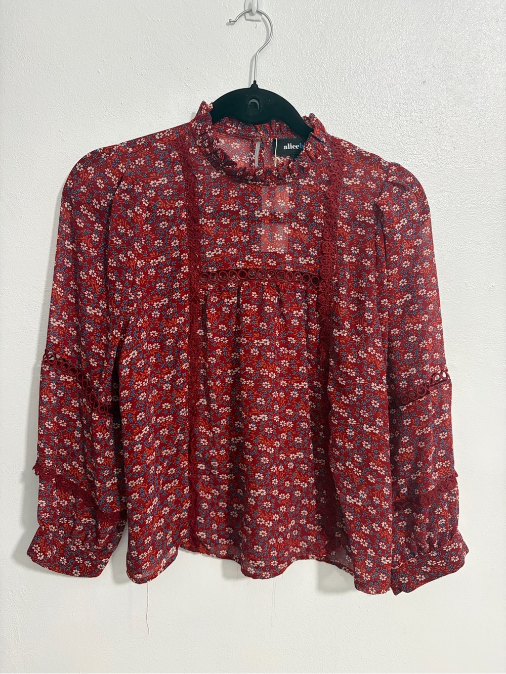Alice Blue Red Floral Ruffle-Neck Blouse